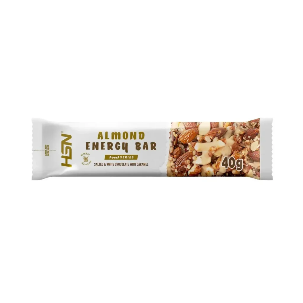 Almond energy bar 40g almendra salada y chocolate blanco con caramelo